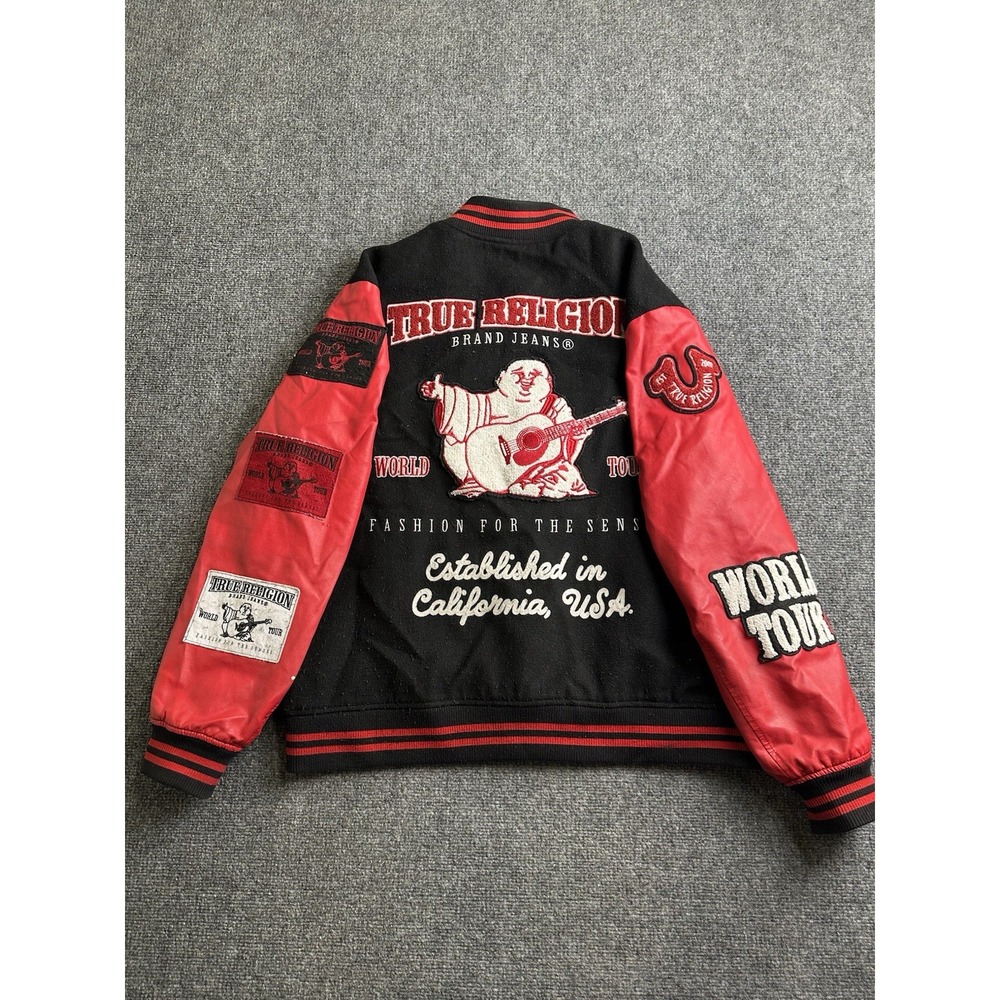 Mens True Religion World Tour Varsity Jacket Black Red Patches, Size 2XL